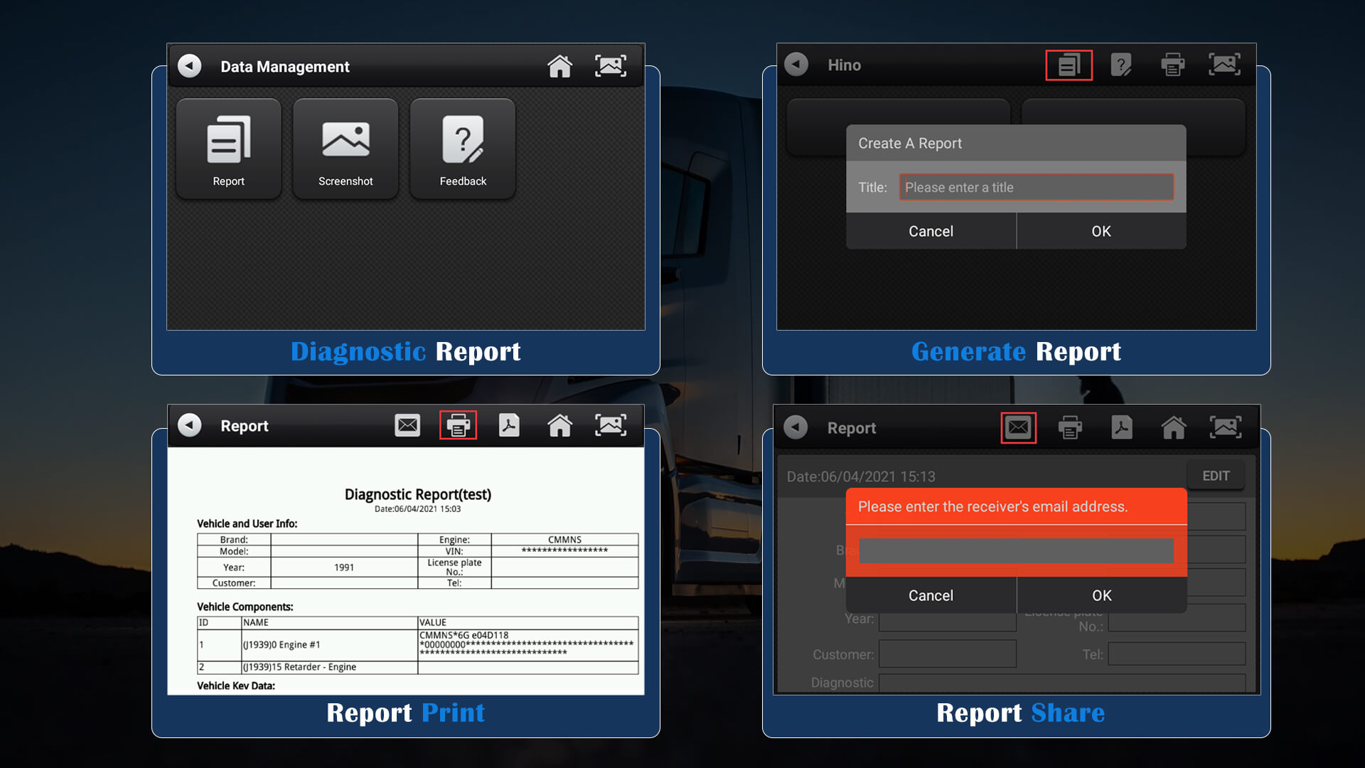 Support Diagnostic/Generate/Print/Share Report